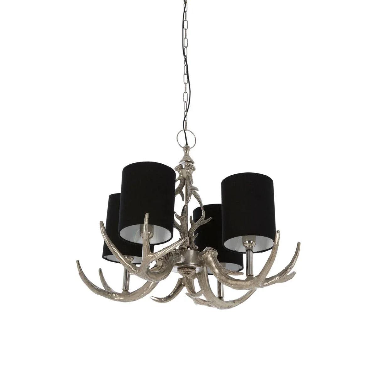Silver antler chandelier with black fabric lampshades and chain suspension