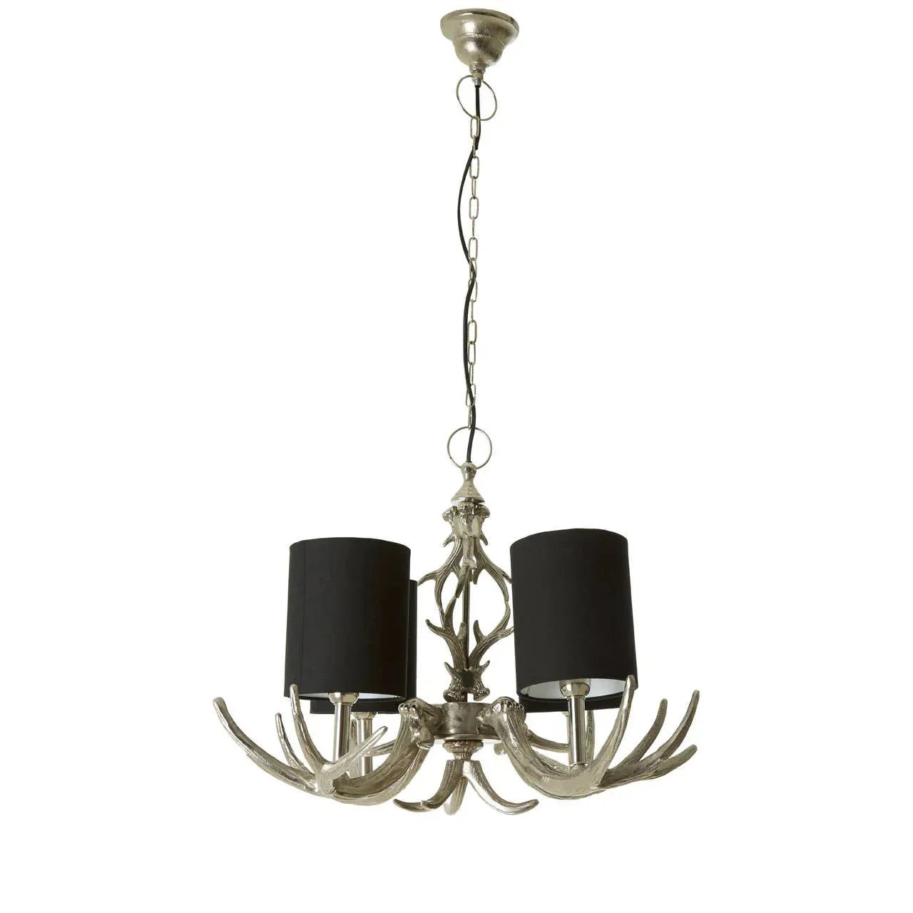 Antler effect chandelier with three black fabric shades and silver finish for ceiling lighting