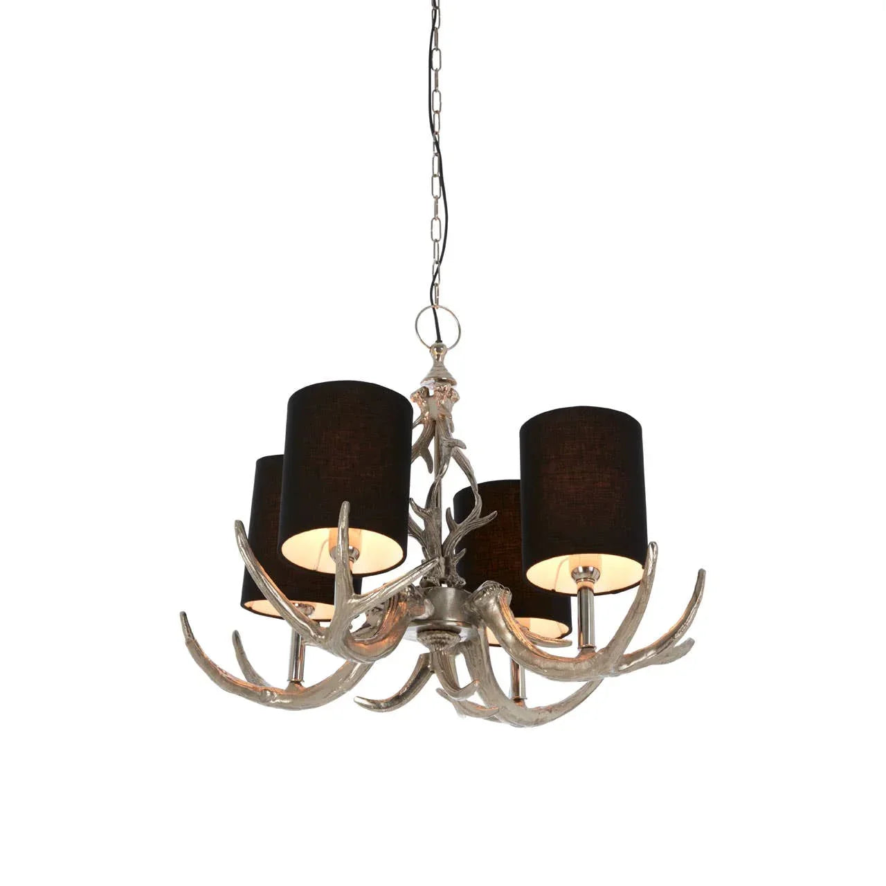 Silver antler chandelier with four black fabric lampshades, suspended by chain