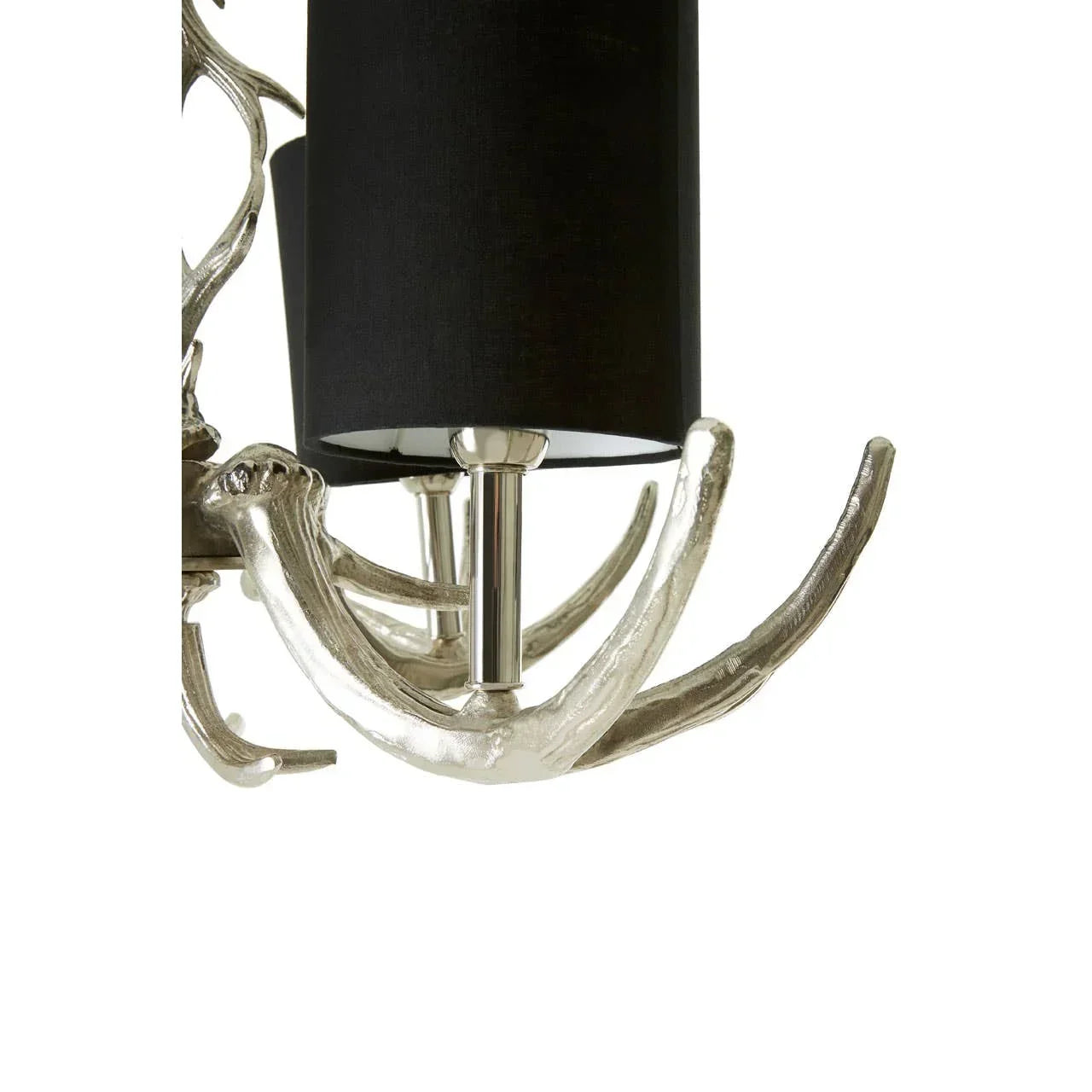 Silver antler chandelier with black fabric shades, close detail of lamp arms and texture