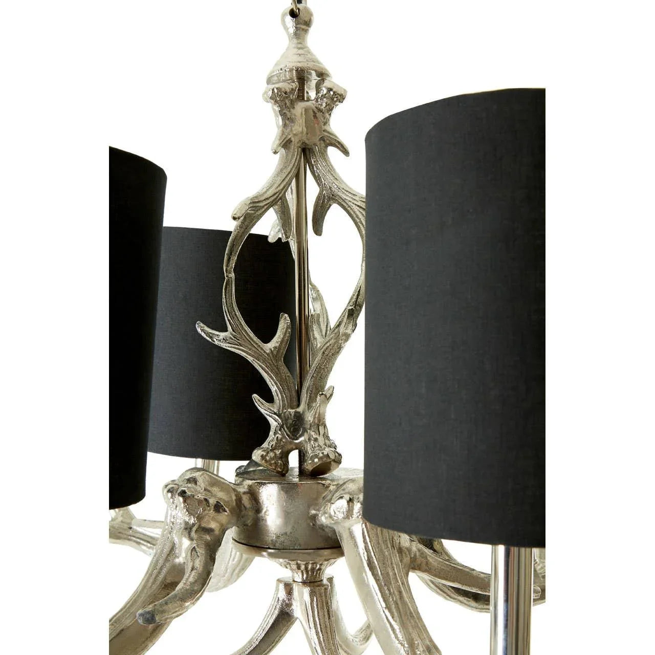 Silver antler chandelier with black fabric lamp shades, close up on metal detailing