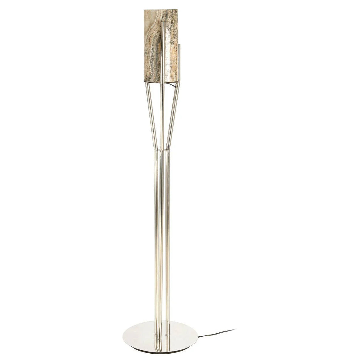 Modern floor lamp with polished chrome stand and marble rectangular shade