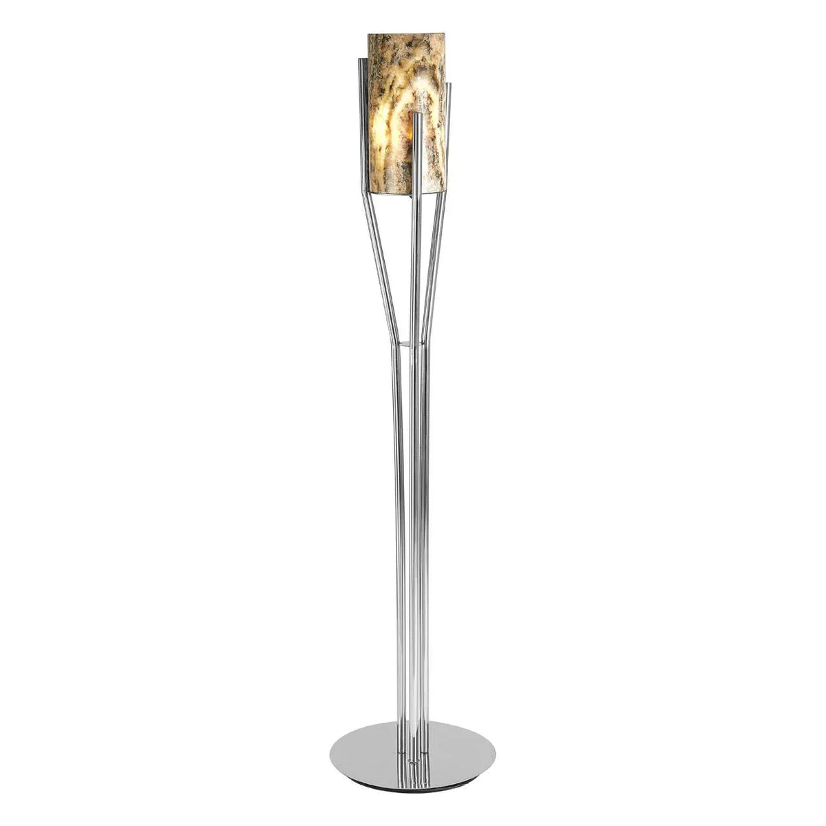 Modern floor lamp with chrome base and marble-effect glass shade