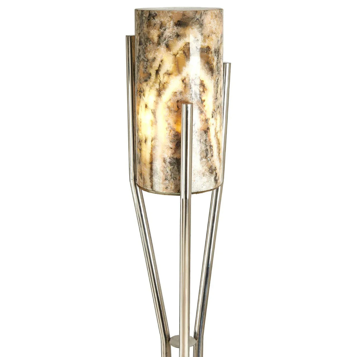 Marble effect floor lamp with chrome tripod base and cylindrical shade