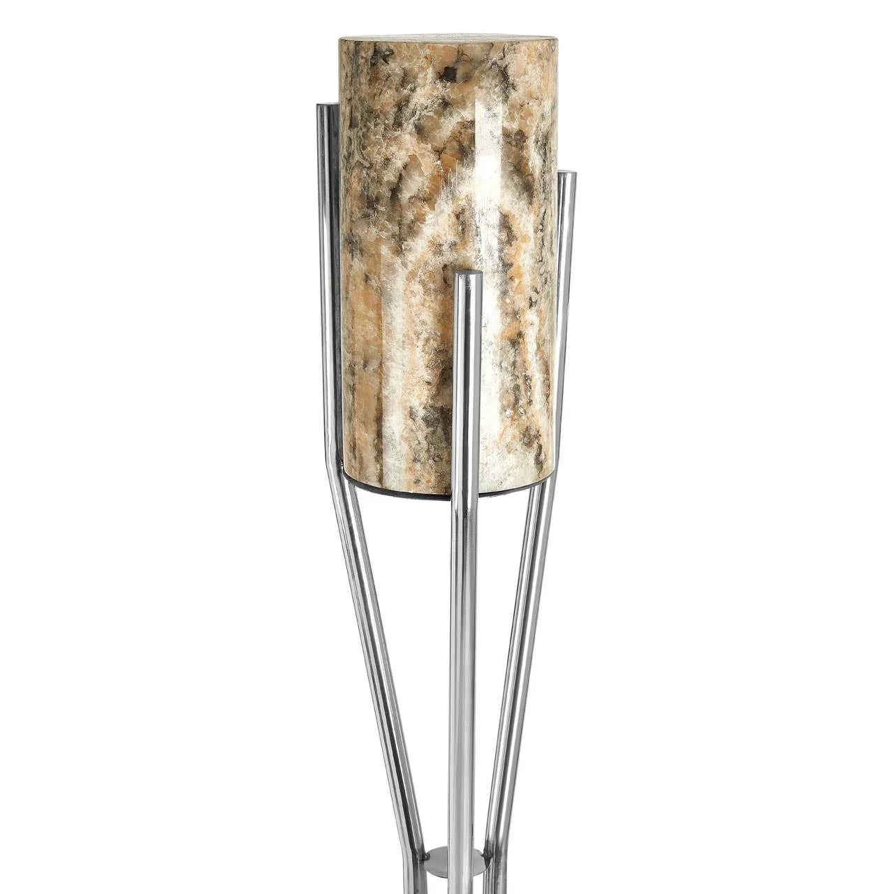 Marble and chrome floor lamp with cylindrical stone shade on tripod metal base