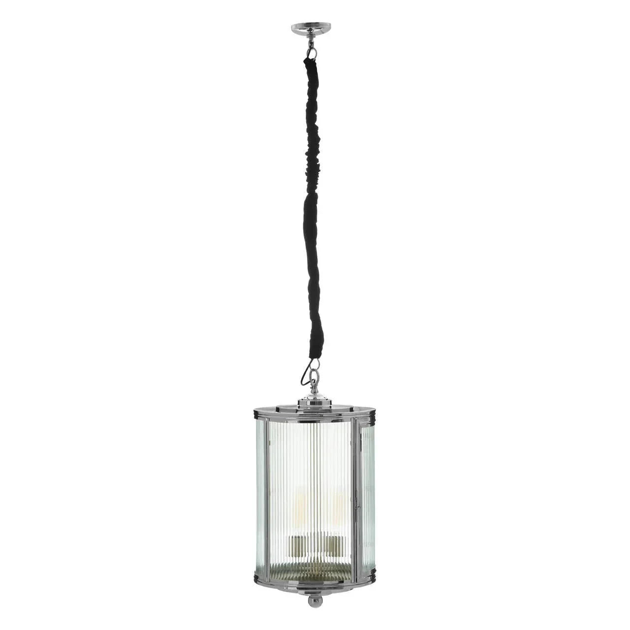 Glass and chrome pendant ceiling light with ribbed panels and black fabric cord