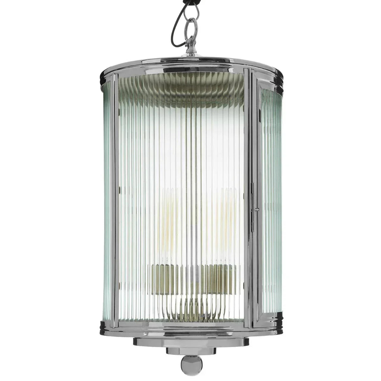 Chrome and glass pendant ceiling light with vertical ribbed panels