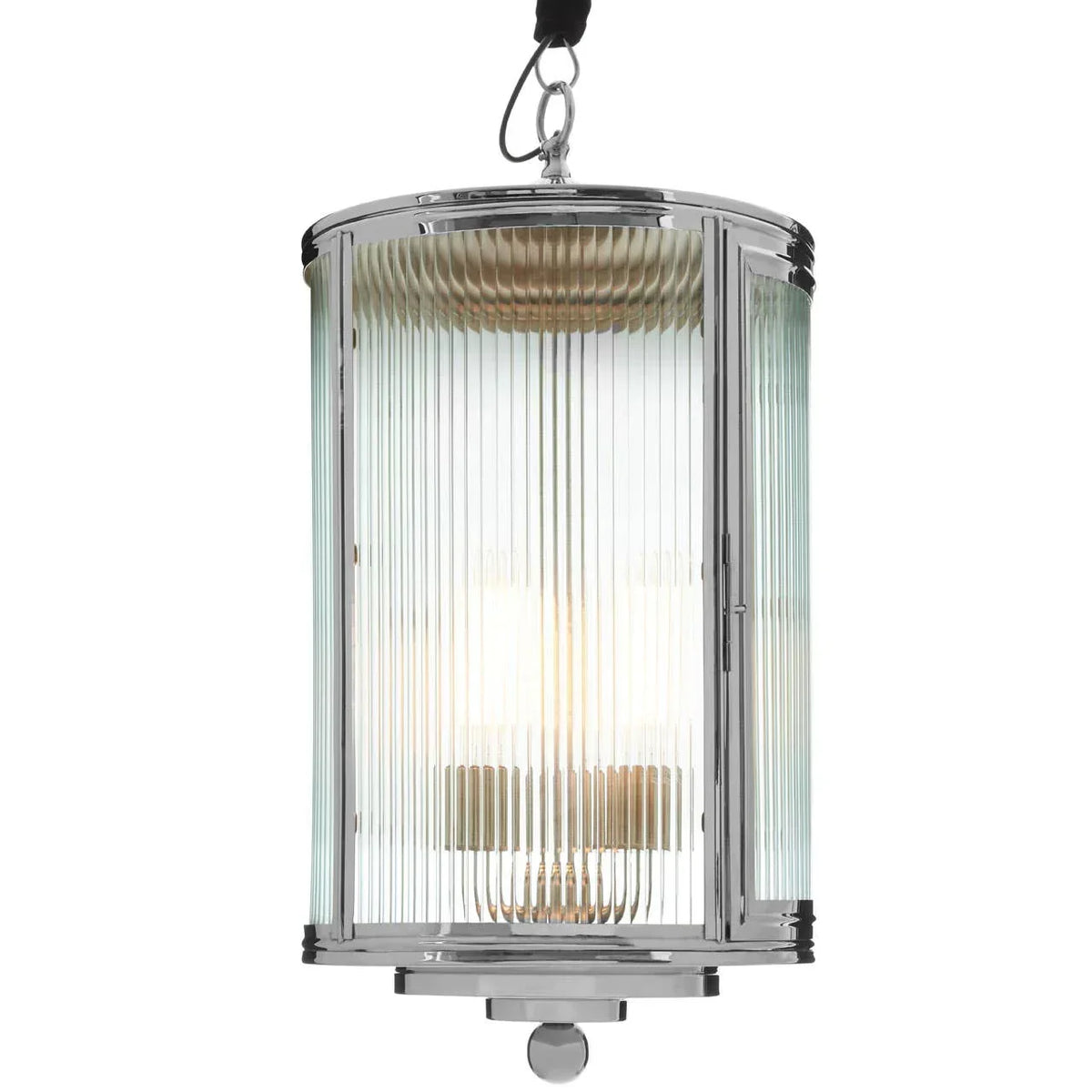 Modern chrome pendant light with clear ribbed glass shade and visible bulb detail