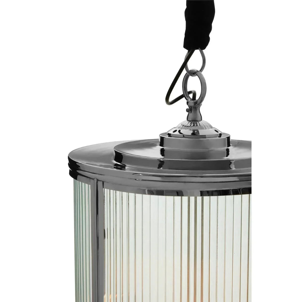 Chrome hanging pendant light with ribbed glass shade close-up