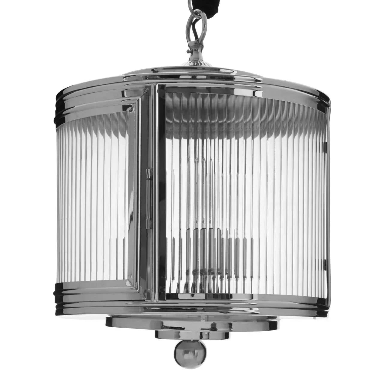 Chrome and glass pendant light with ribbed cylindrical shade, close-up of modern fixture