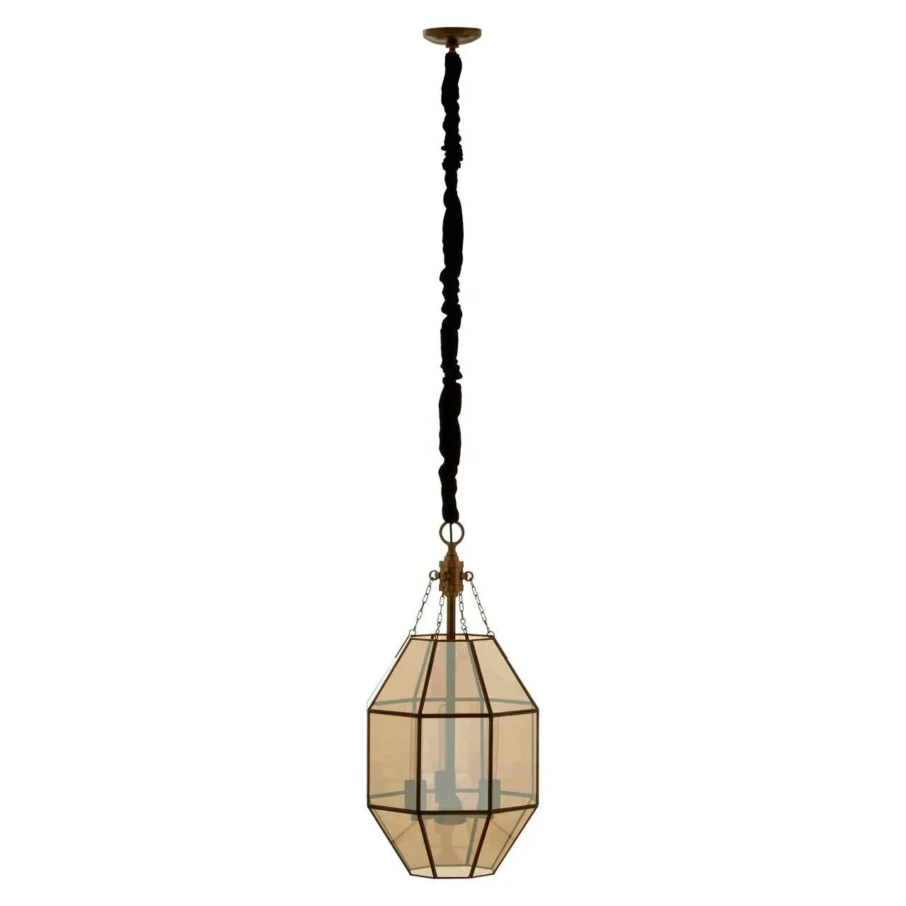 Gold geometric pendant light with glass panels and black fabric cord hanging from ceiling