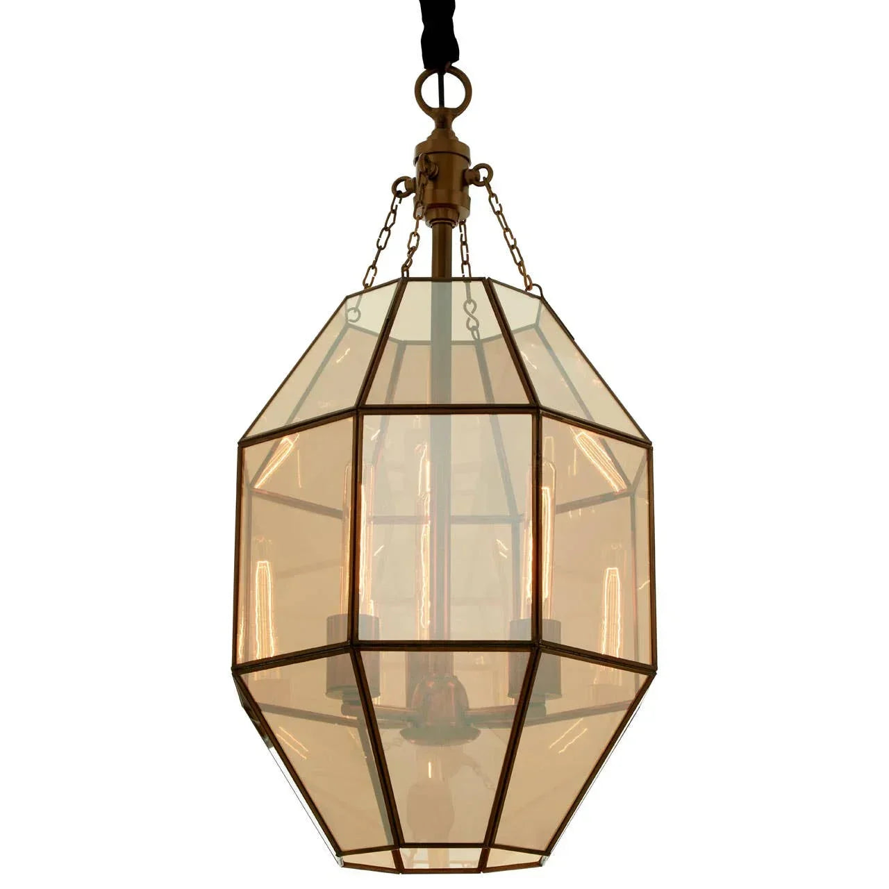 Geometric glass pendant light with gold metal frame and exposed bulbs, hanging from chain