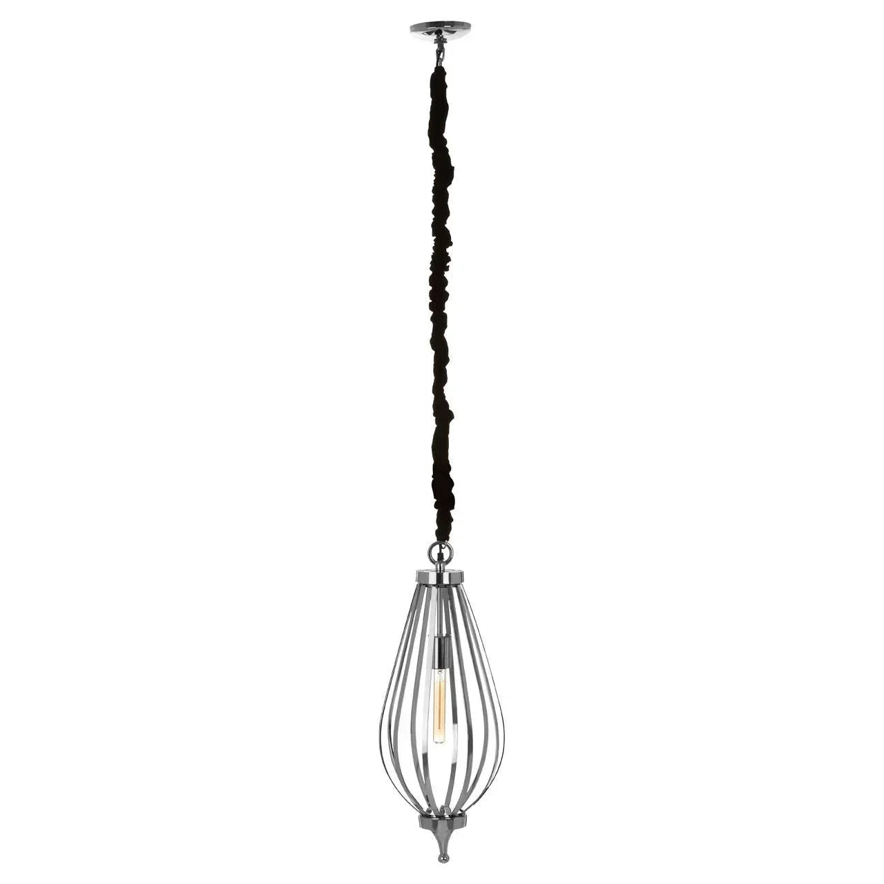Modern chrome pendant light with cage design and exposed filament bulb hanging from ceiling