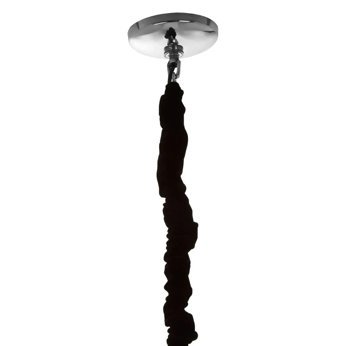 Chrome ceiling rose with black fabric pendant light cable hanging vertically
