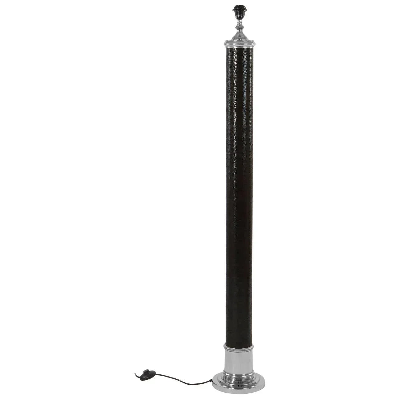 Tall black floor lamp with chrome base and top, cord and switch on white background