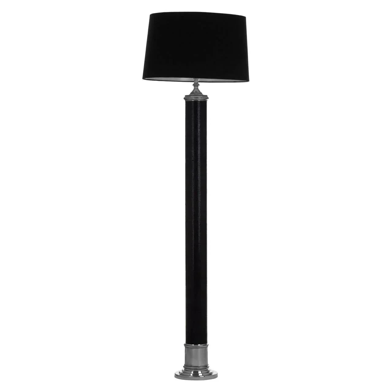 Black floor lamp with cylindrical base and black lampshade on white background
