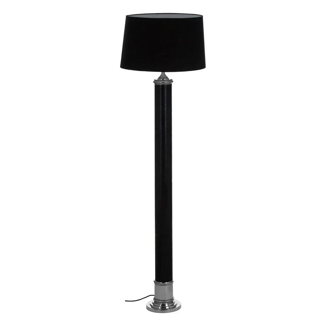 Black floor lamp with chrome base and cylindrical column, shown on white background
