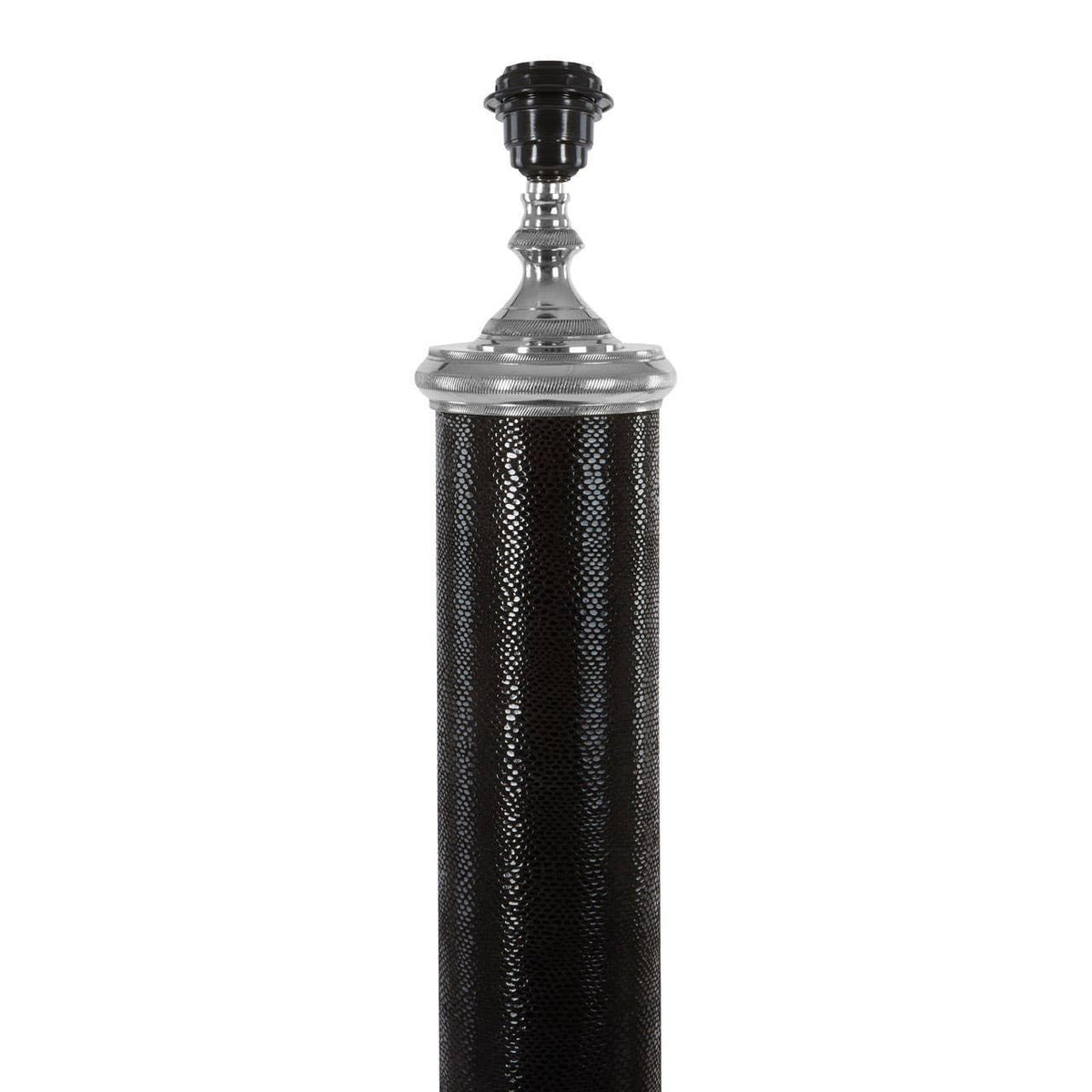 Black textured table lamp base with silver detailing, shown against a white background