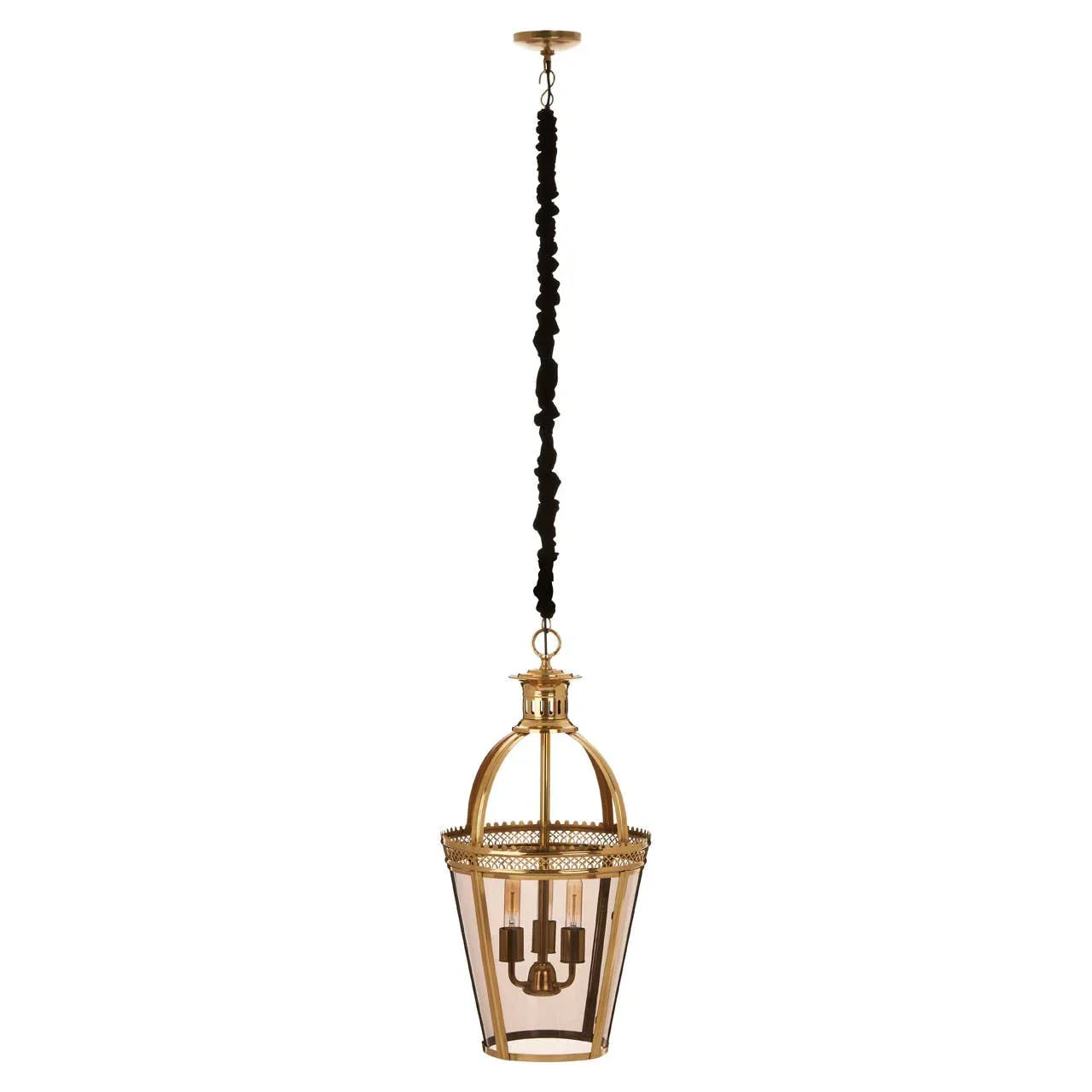 Gold metal and glass pendant ceiling light with black cord and three bulb holders