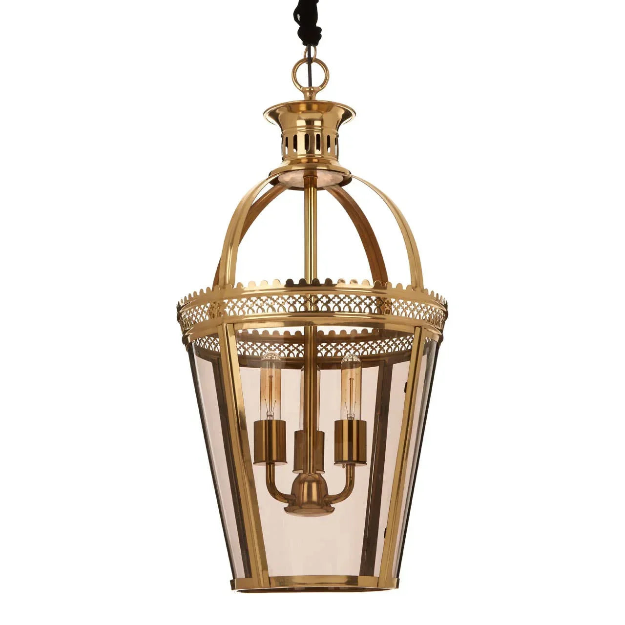 Brass lantern pendant light with clear panels and three candle style bulbs