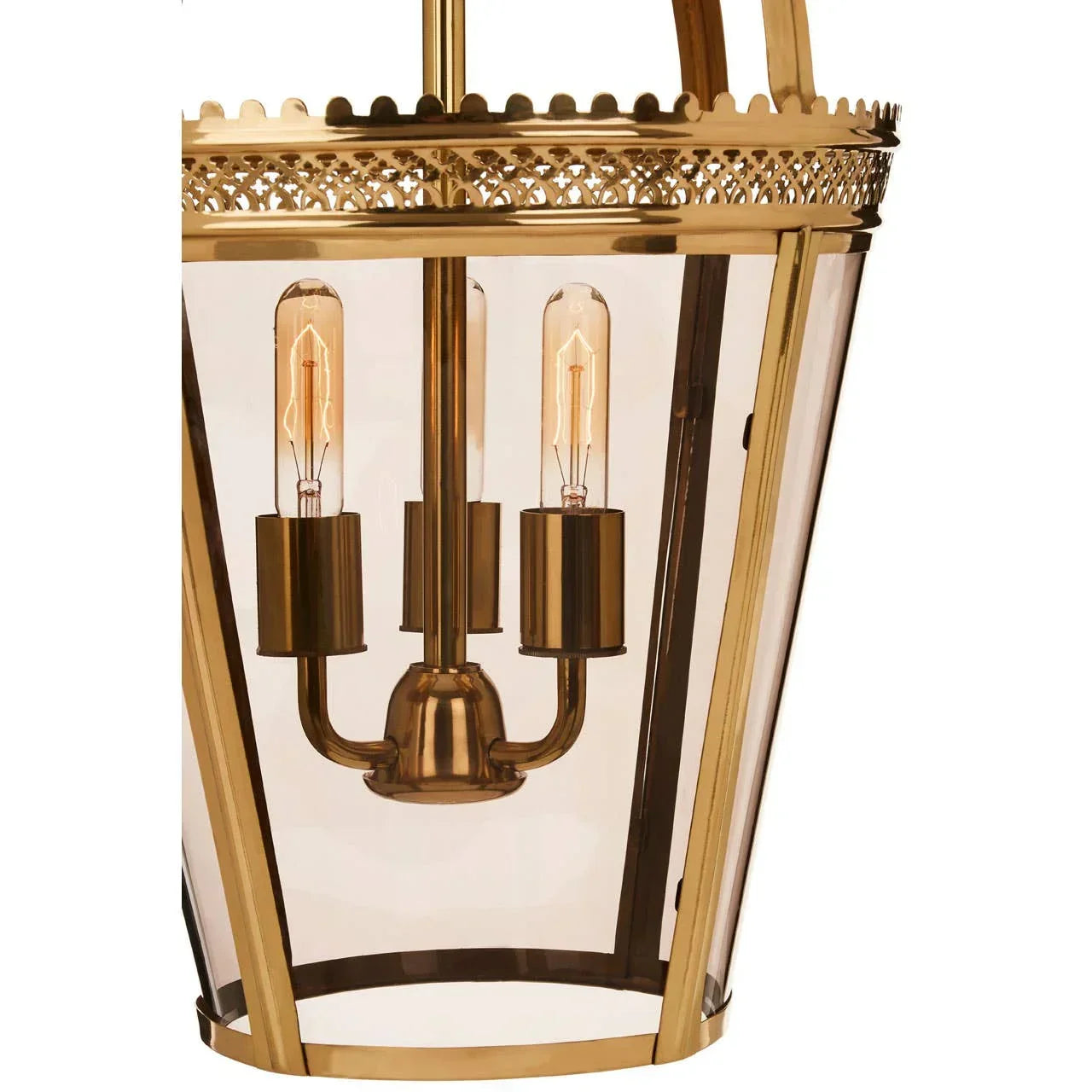 Polished brass pendant light with three exposed filament bulbs and glass panels