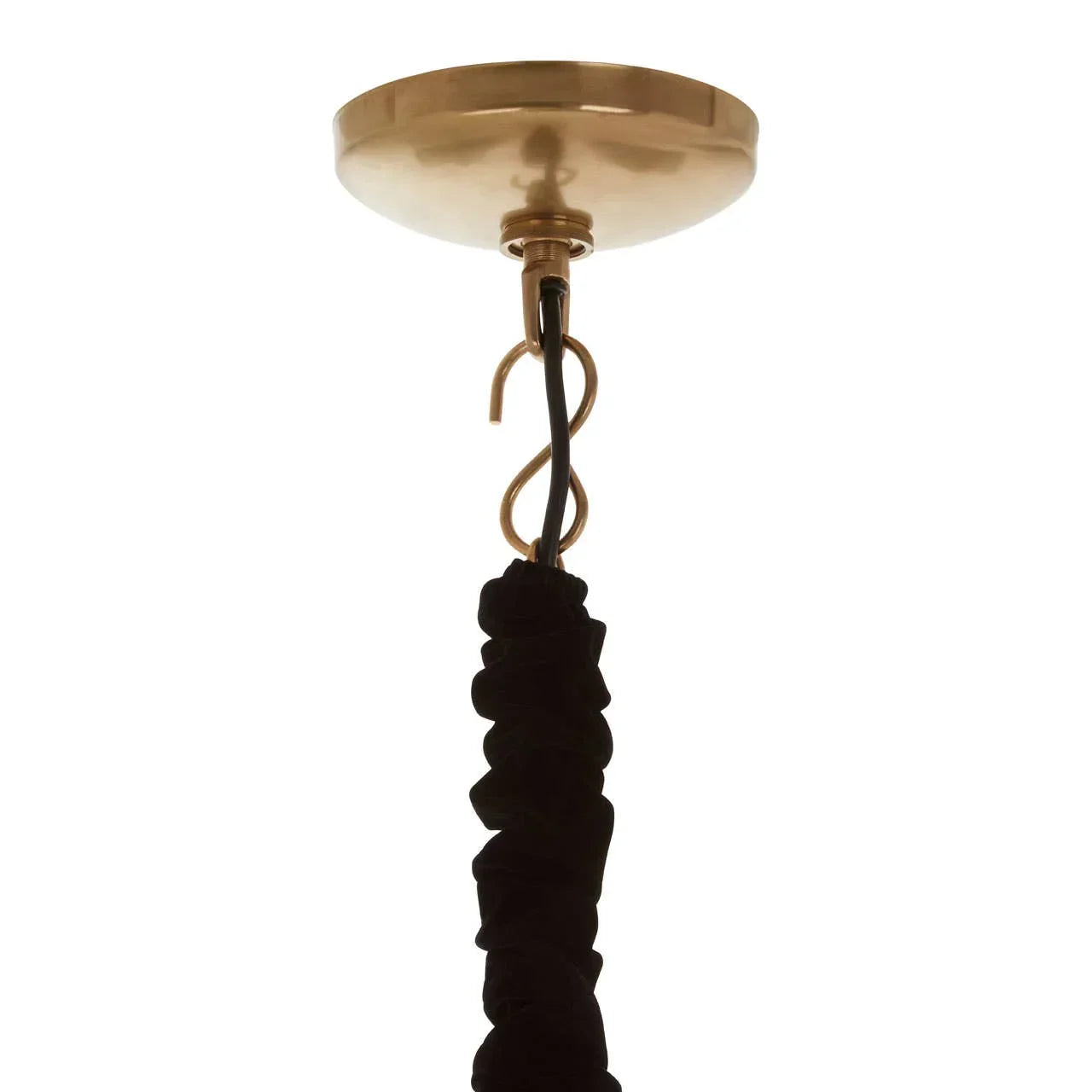 Brass ceiling rose with black pendant light cable and gathered fabric cover