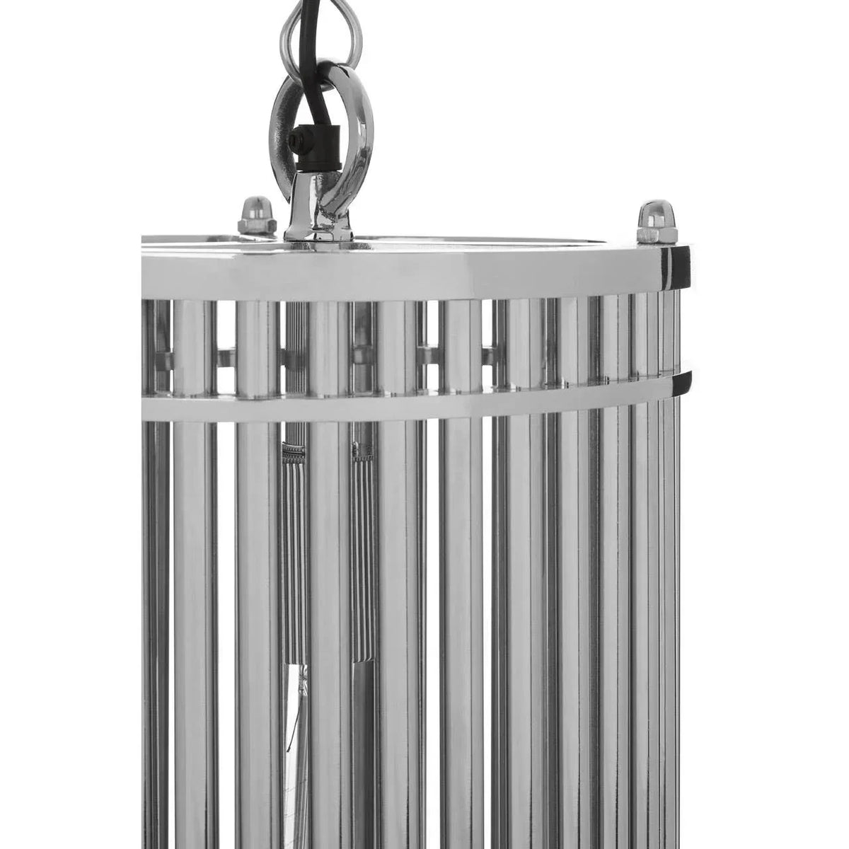 Close up of chrome pendant light with vertical metal rods and ceiling chain fitting