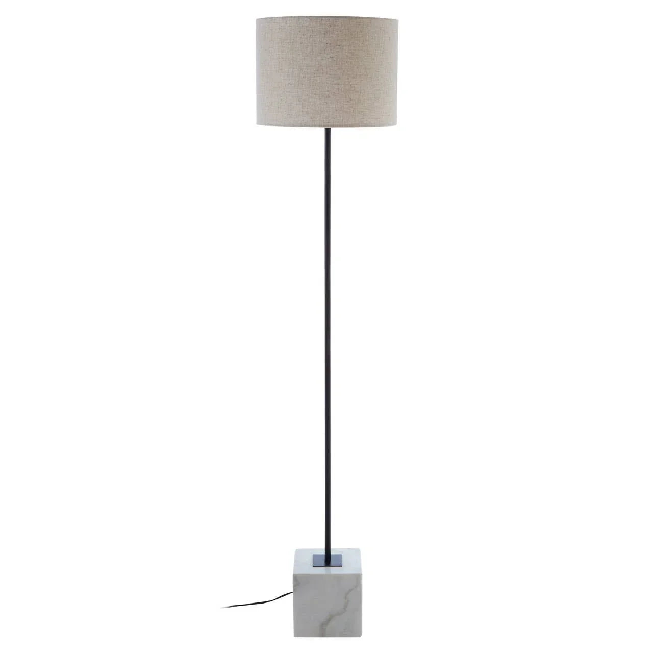 Modern floor lamp with beige fabric shade and marble base