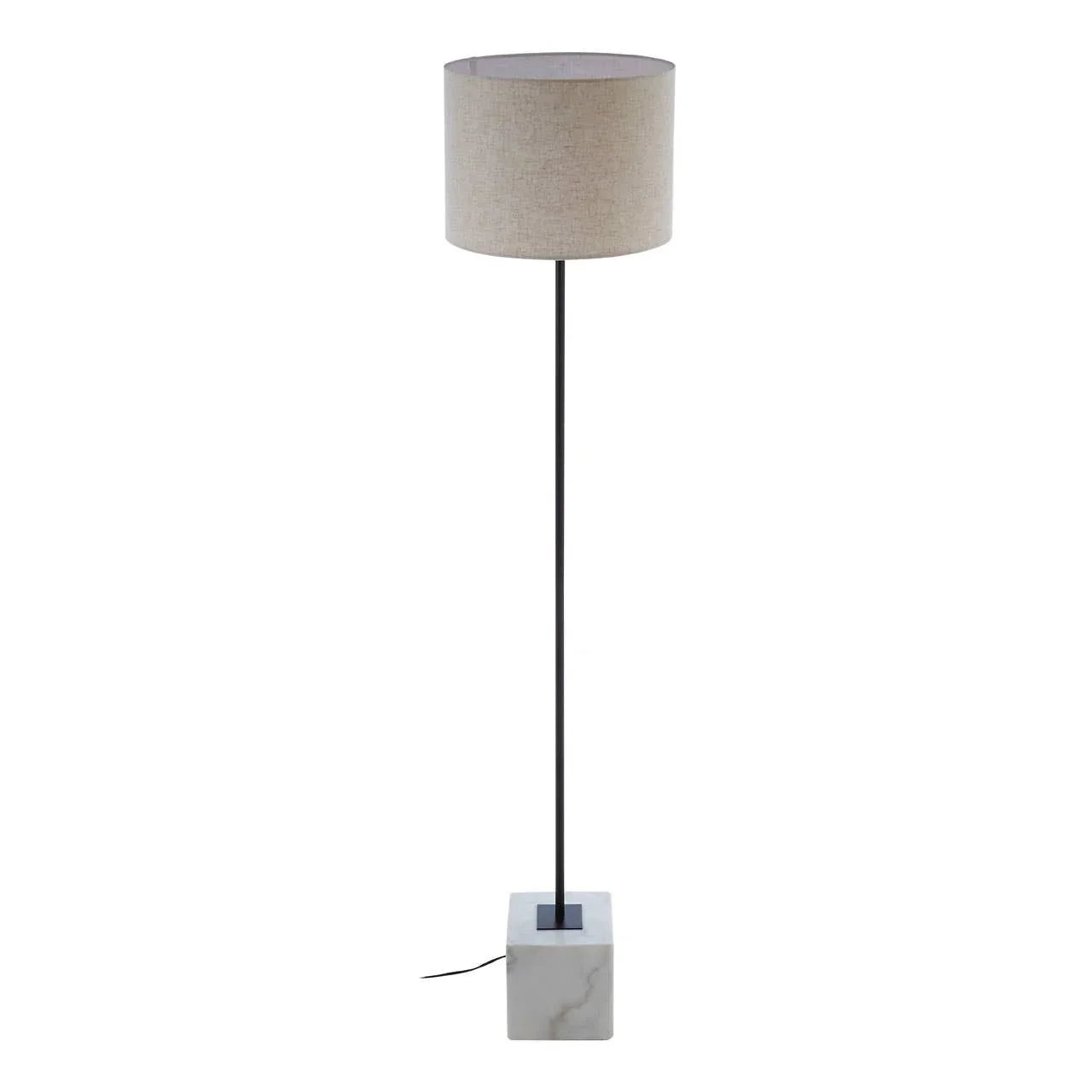 Modern floor lamp with beige fabric shade, slim black stand and square marble base