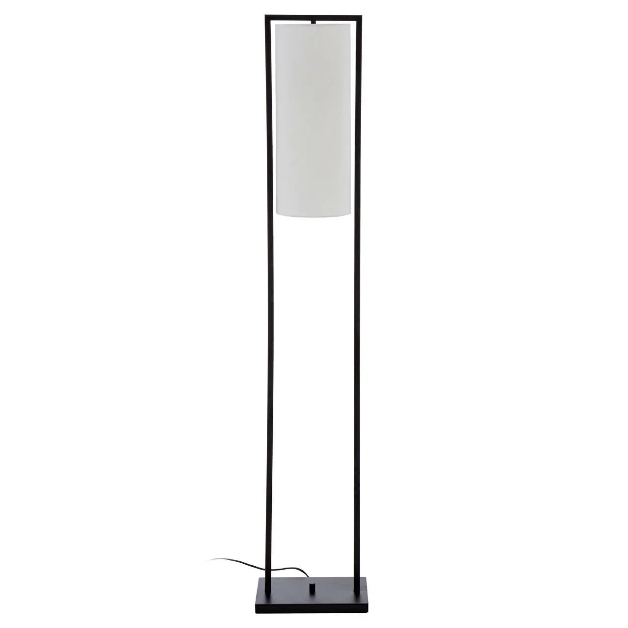 Black metal frame floor lamp with white cylindrical shade on square base