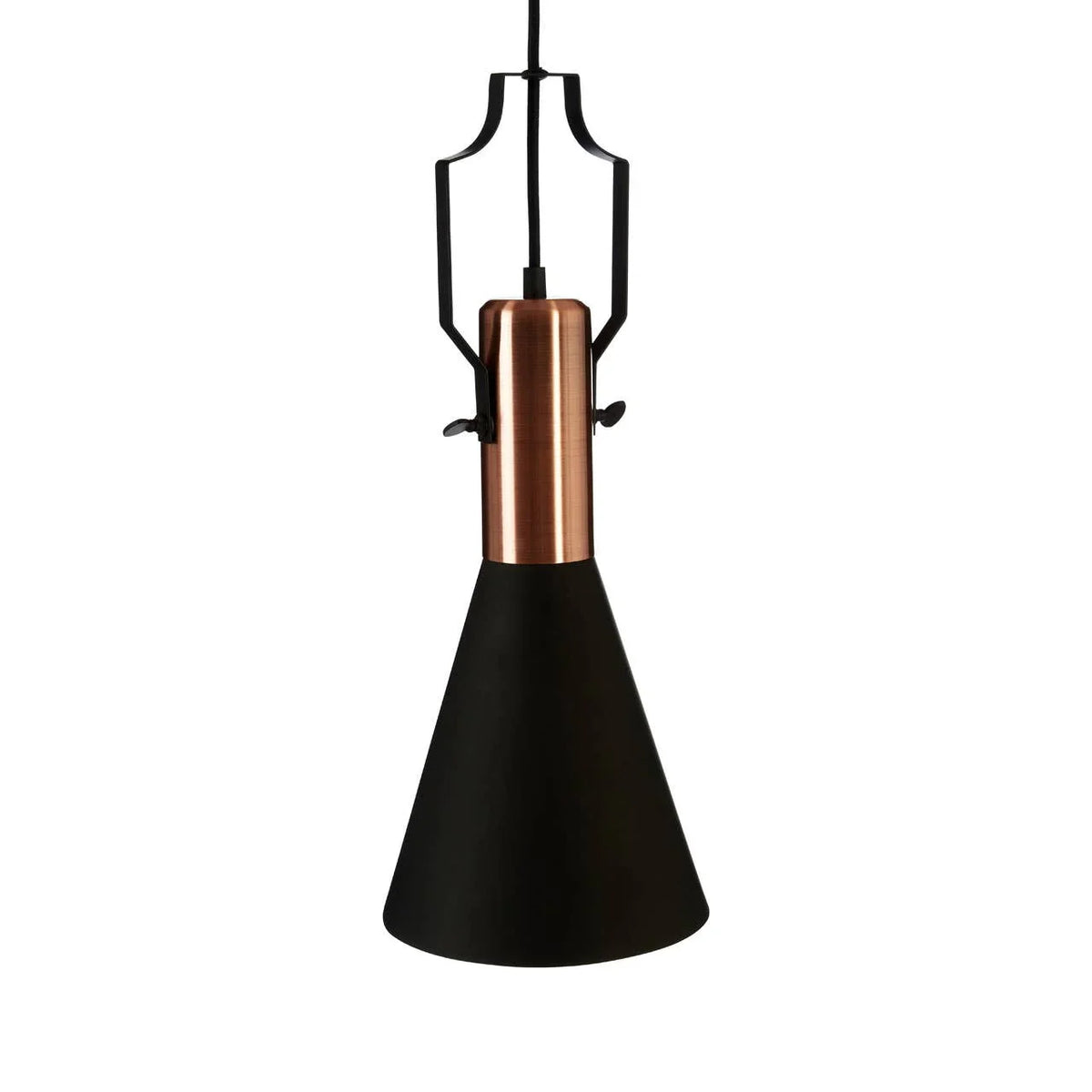 Black and copper pendant light with conical metal shade and modern industrial design