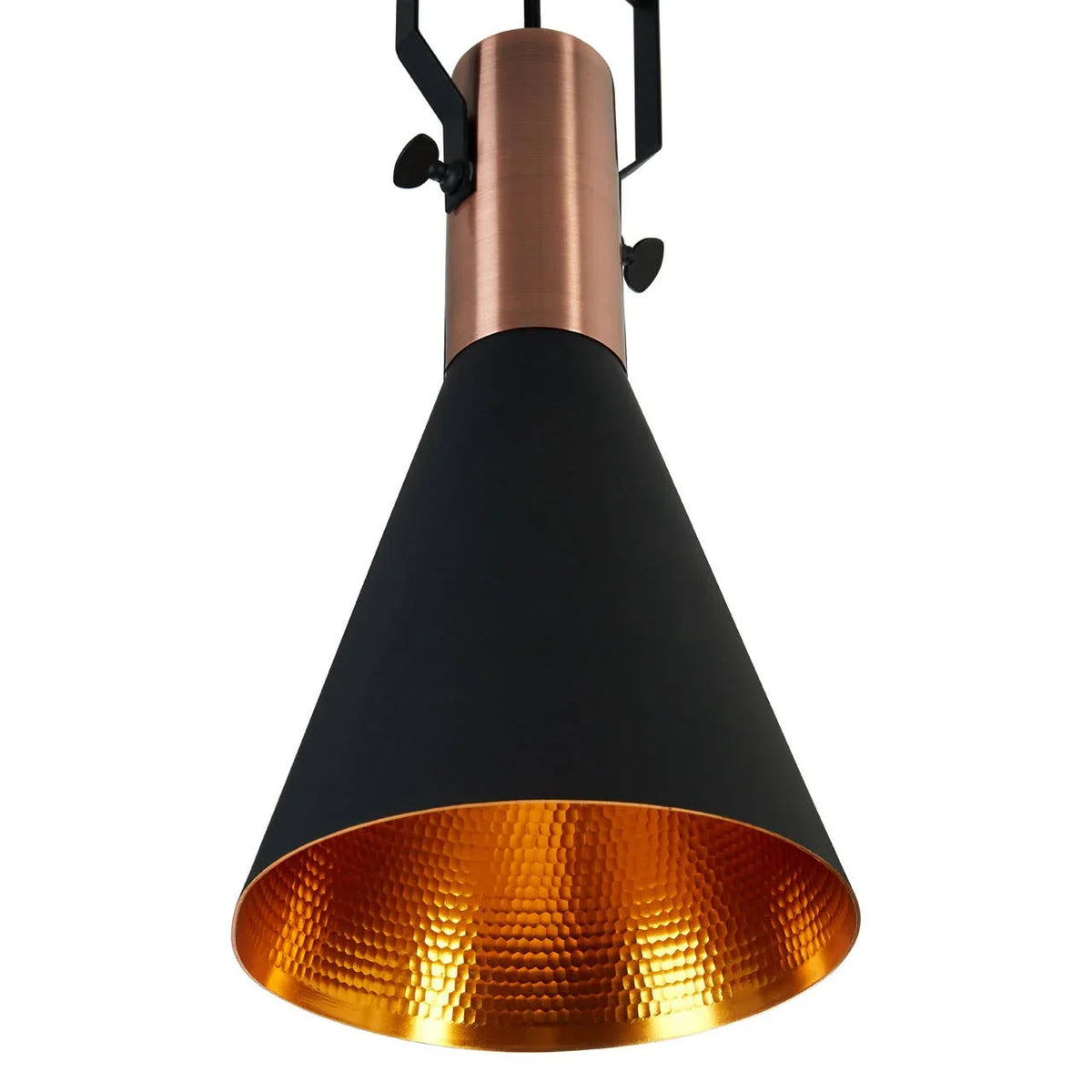 Black and copper pendant light with hammered gold metallic interior finish