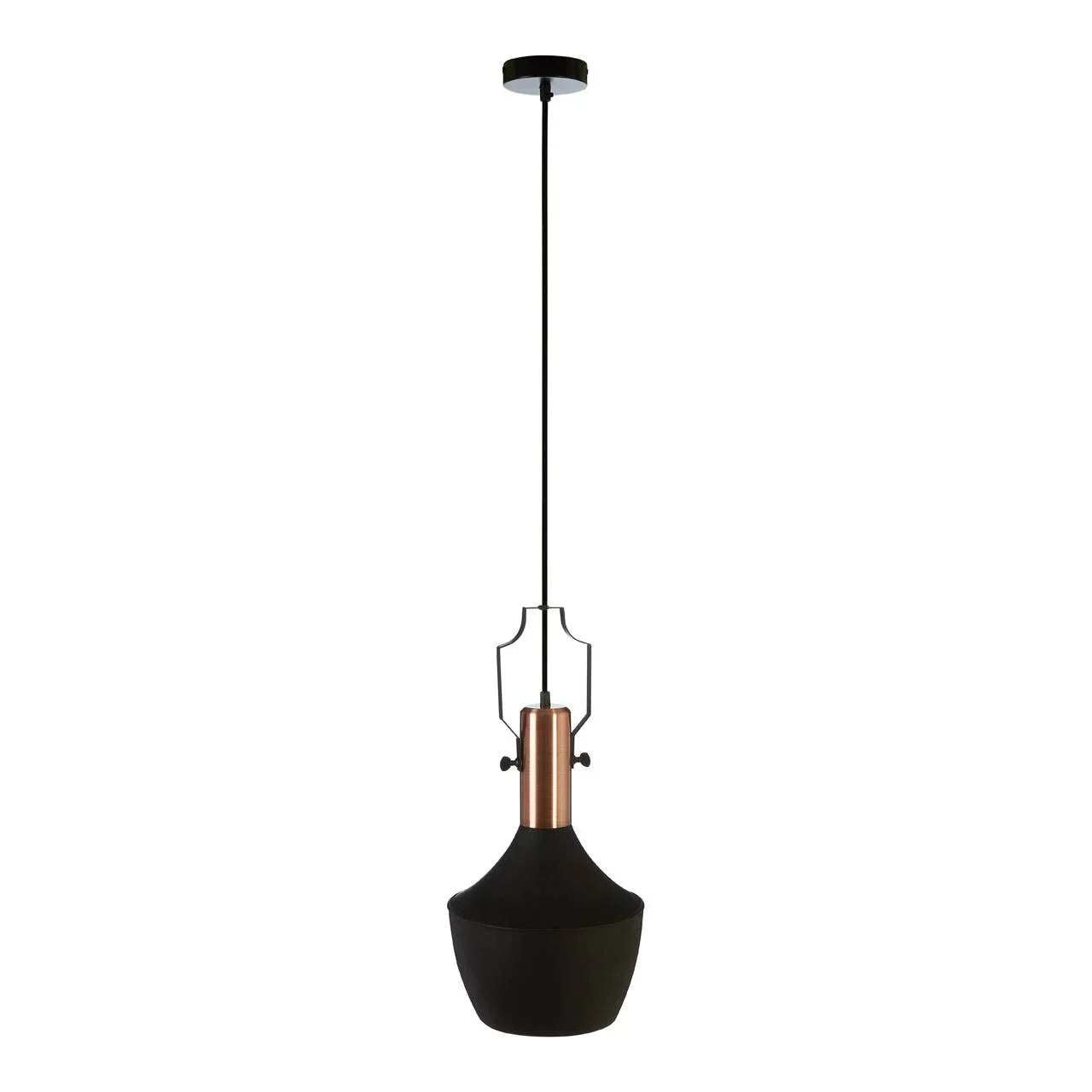 Black and copper pendant ceiling light with metal fitting and long suspension cord