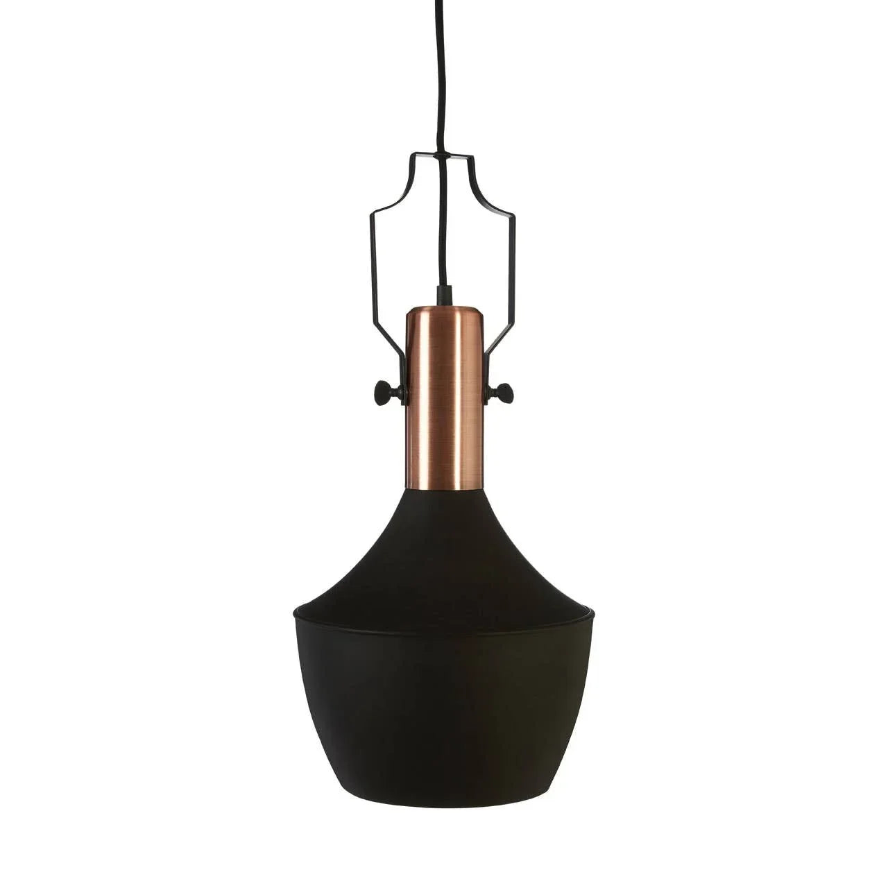 Black and copper pendant light with matte finish and exposed hanging cord