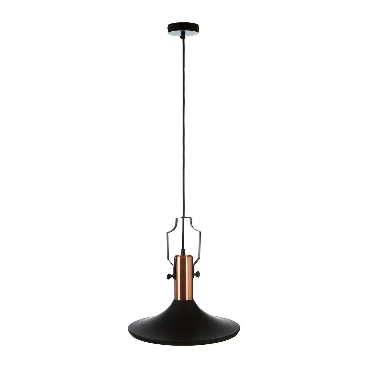 Black and copper pendant ceiling light with wide metal shade and suspended cord