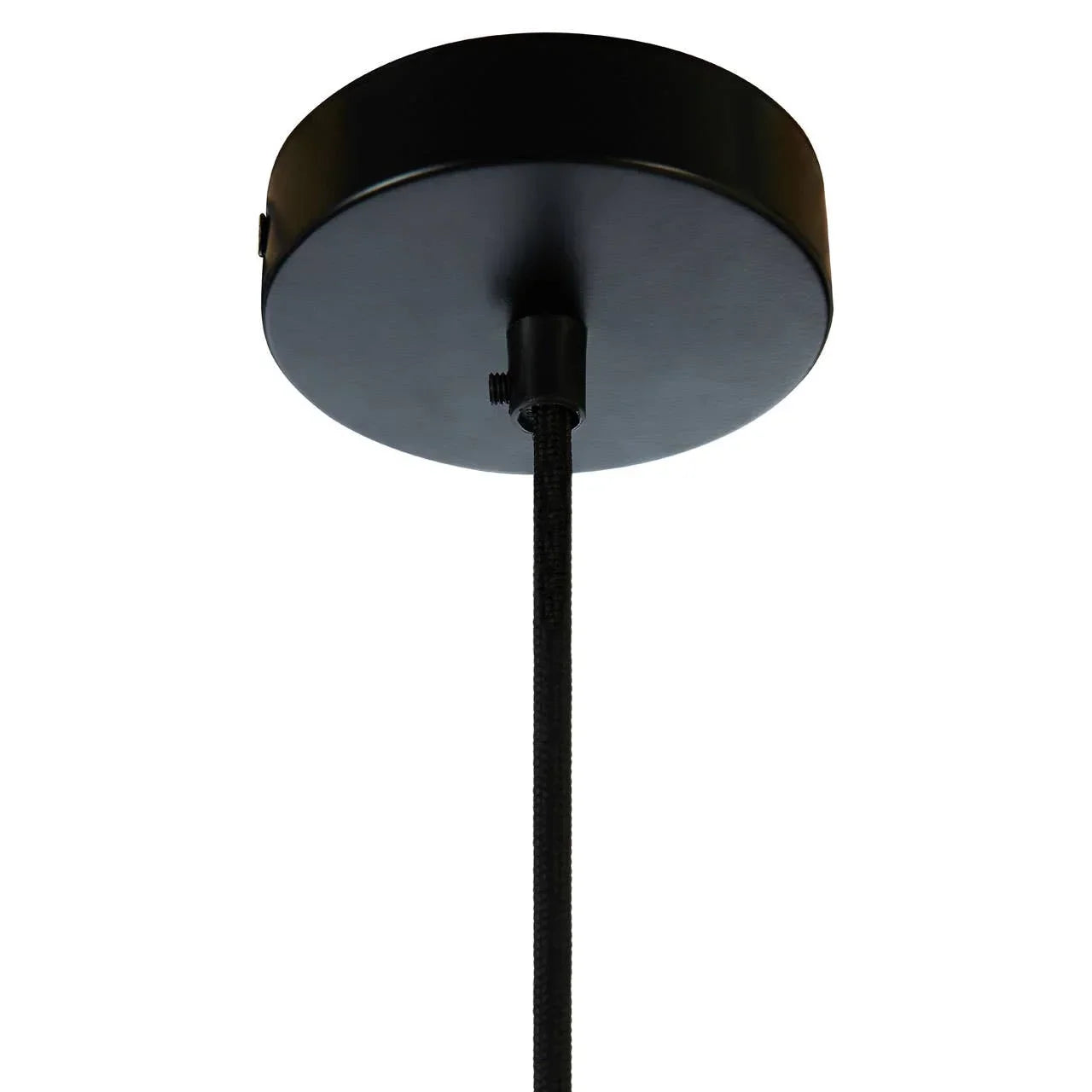 Black metal ceiling pendant light fitting with fabric cable close-up