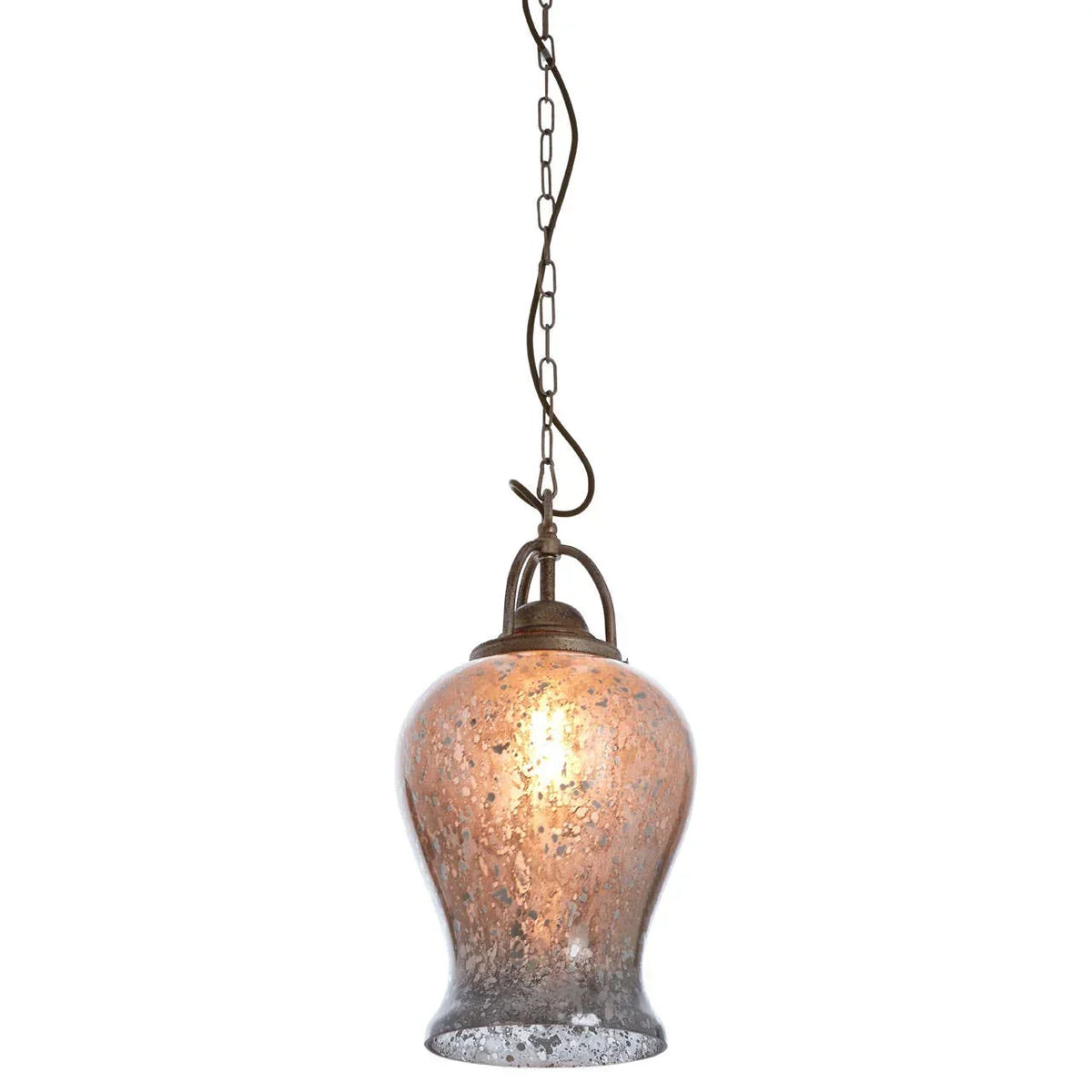 Antique style glass pendant light with mottled finish and bronze chain hanging fixture