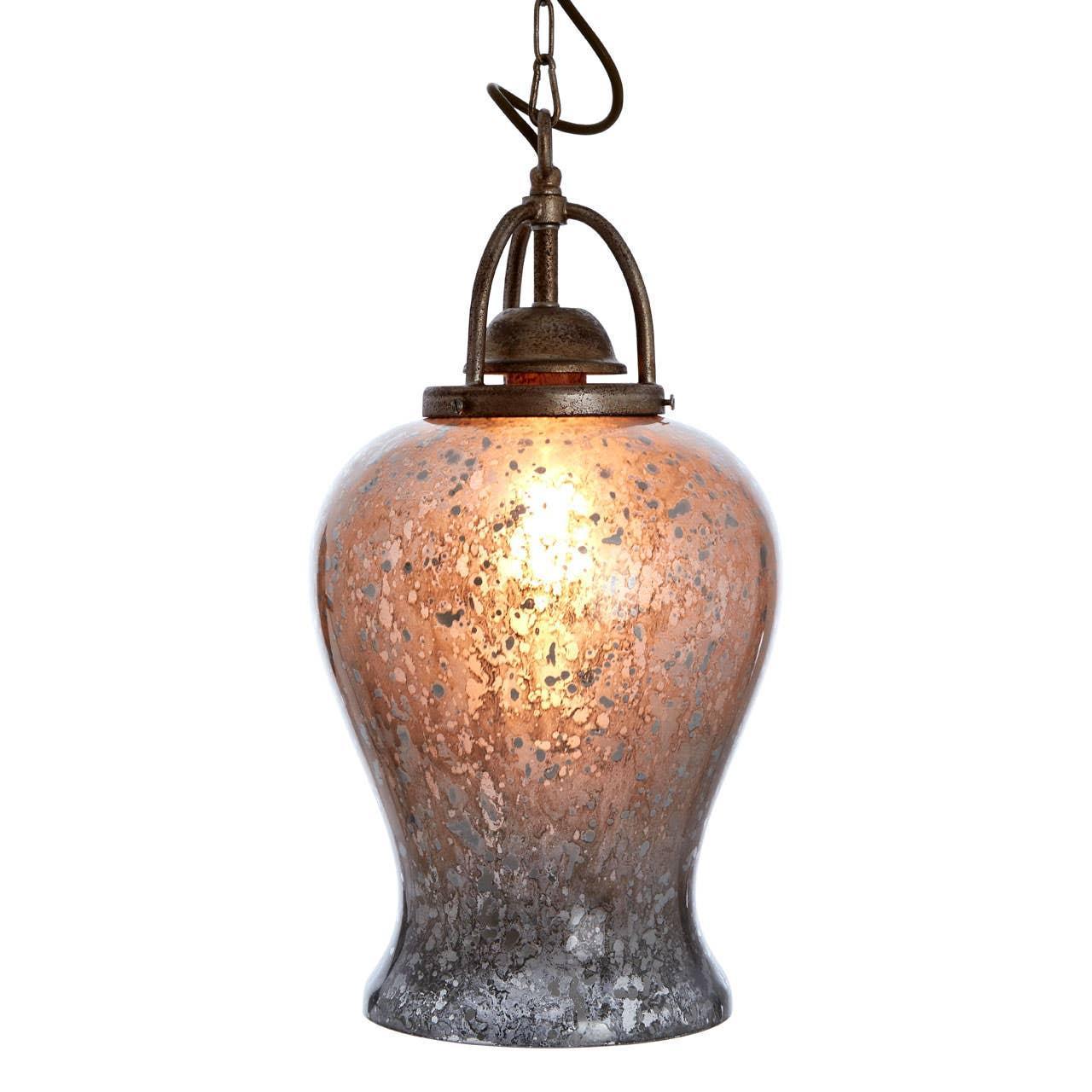 Antique glass pendant light with rustic metal fixture and speckled finish