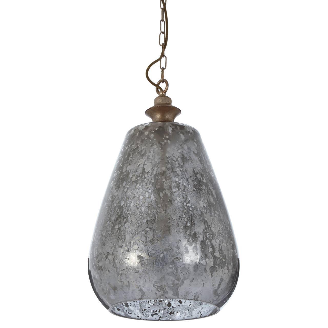 Smoked glass pendant light with antique brass fitting and teardrop shape