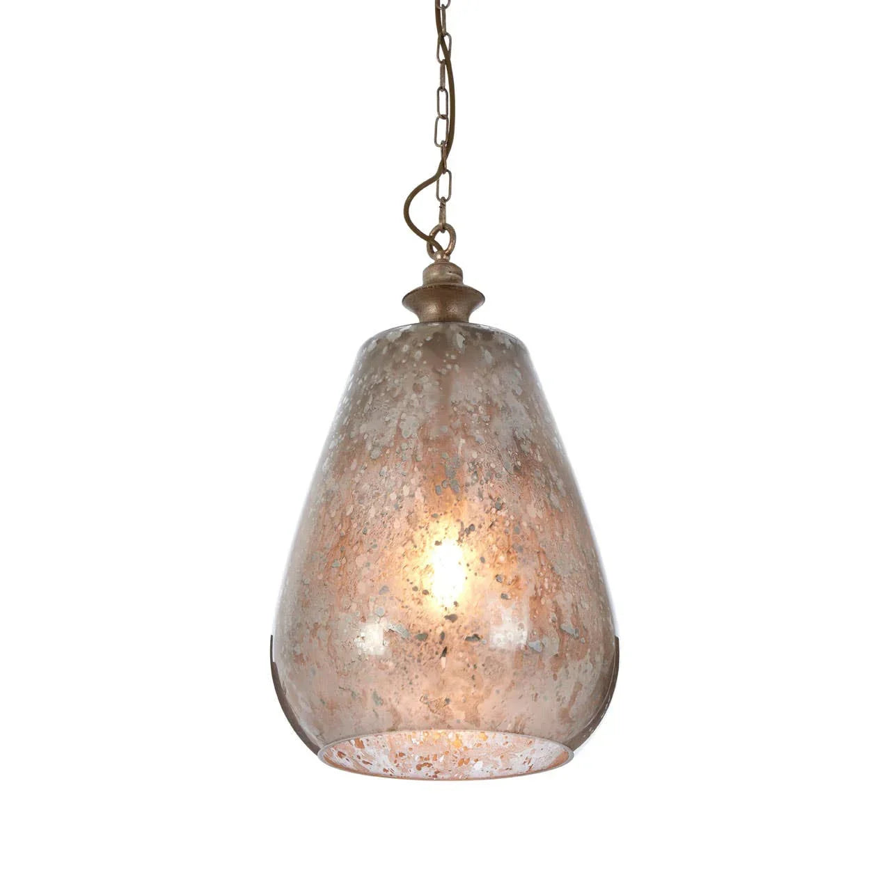 Vintage glass pendant light with bronze chain and mottled finish, glowing bulb inside
