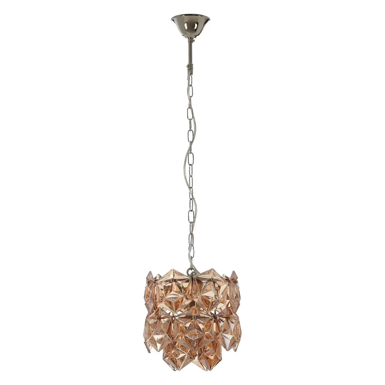 Pendant ceiling light with gold geometric crystals and silver chain