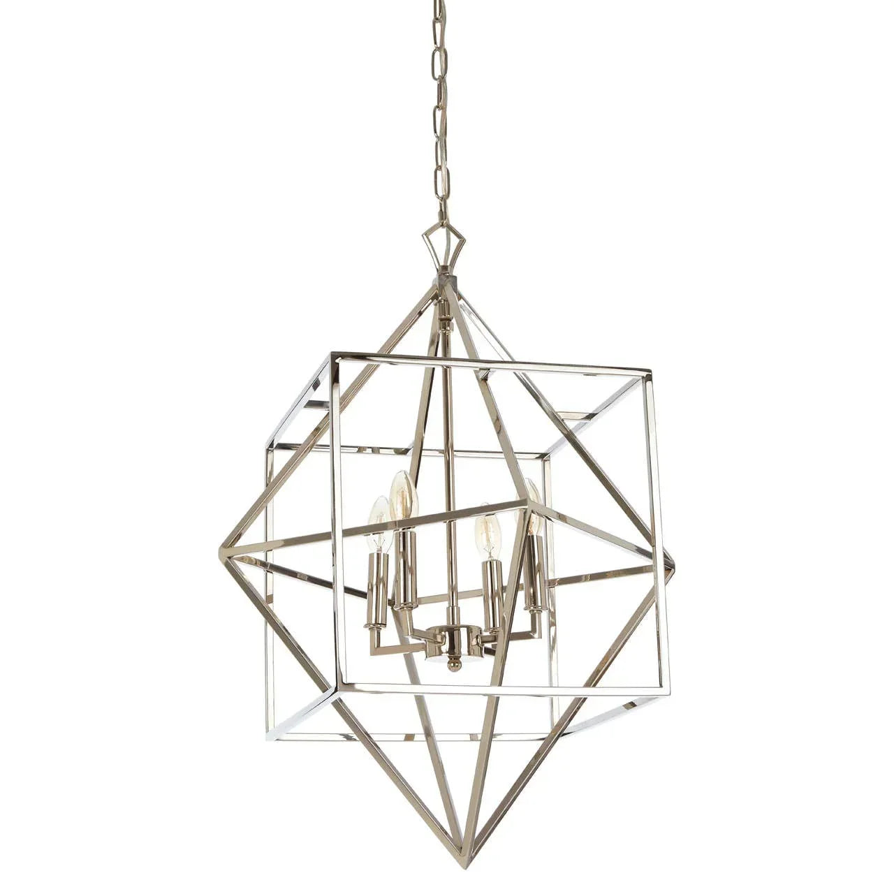Geometric metal pendant light with exposed bulbs and chrome finish hanging from chain