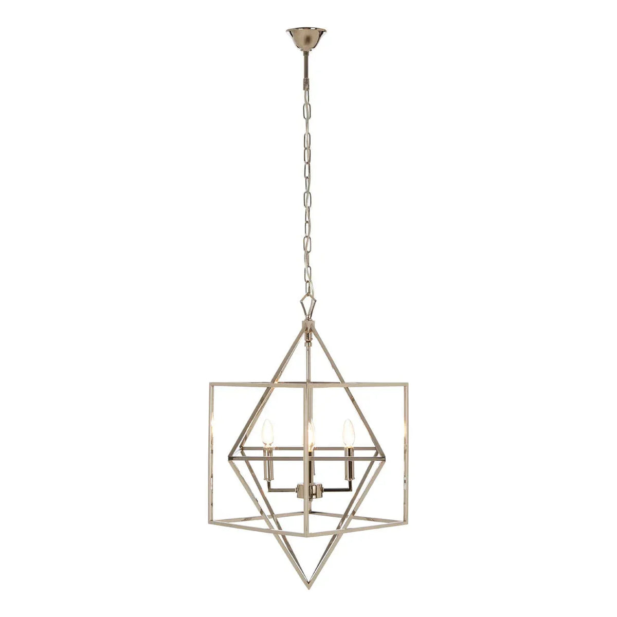 Geometric metal pendant ceiling light with three candle bulbs and chain suspension