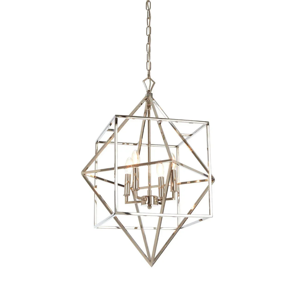 Geometric chrome pendant light with four candle-style bulbs and modern metal frame