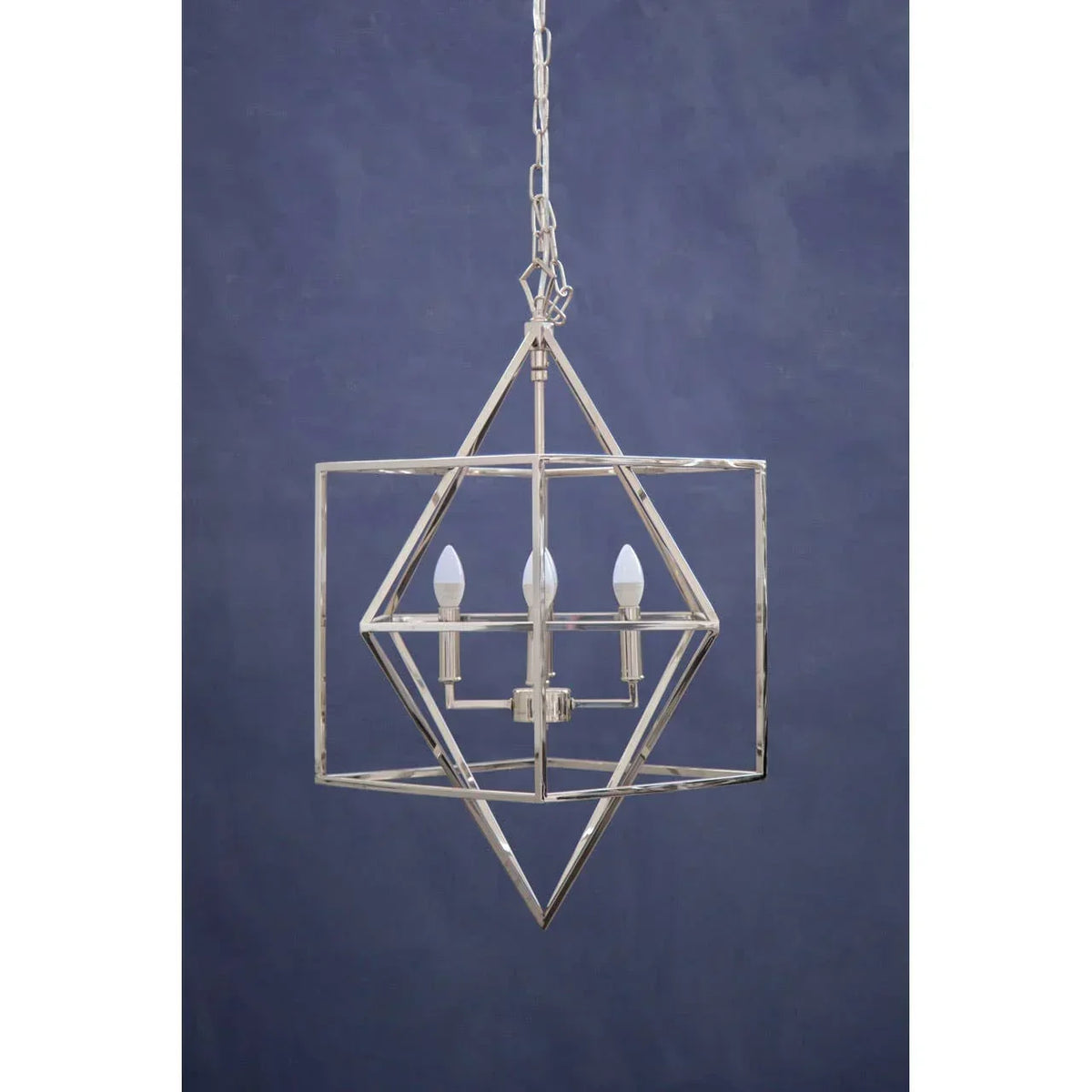 Geometric chrome pendant light fixture with three candle bulbs and hanging chain