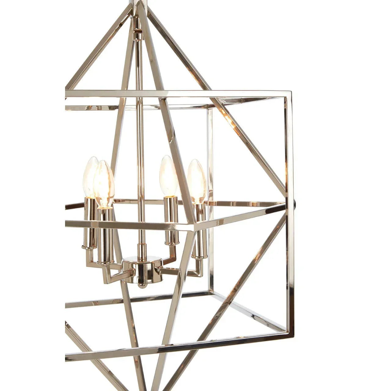 Polished chrome geometric pendant light with four exposed bulbs