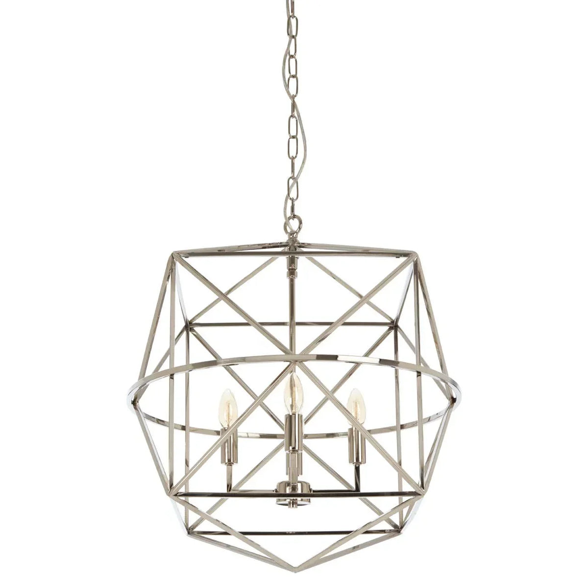 Chrome geometric pendant light with four candle bulbs and chain suspension