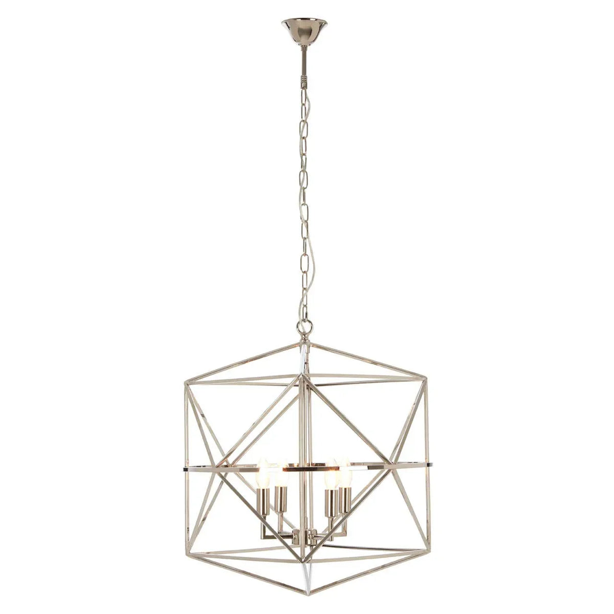 Polished metal geometric chandelier with exposed bulbs and chain suspension