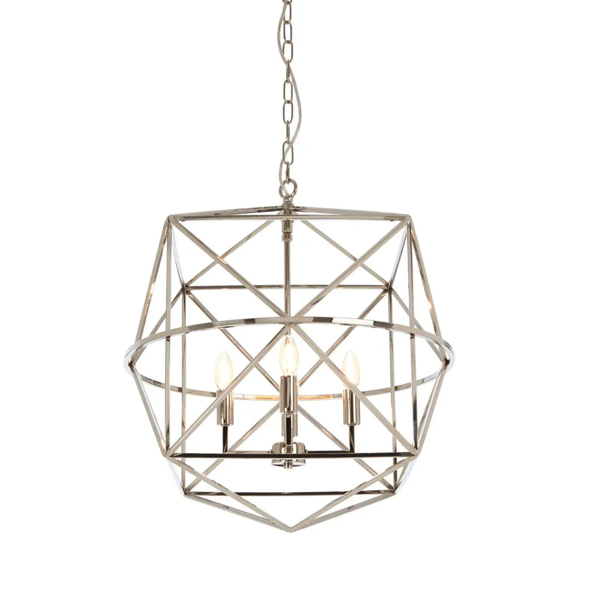 Geometric metal chandelier with exposed bulbs and polished chrome finish hanging from ceiling