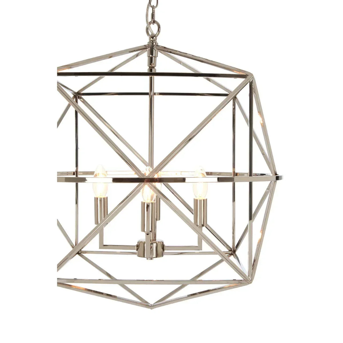 Geometric chrome pendant chandelier with exposed bulbs and metal frame